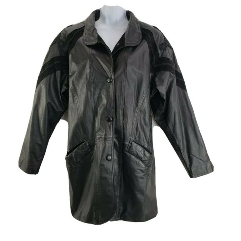 Womens Vintage Black Genuine Leather Winlit short Trench Coat Jacket‎ Medium Y2K
